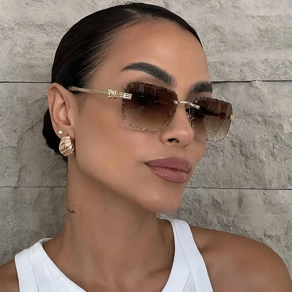 High-end Square Sunglasses, Personalized Leopard Head Rimless Glasses, Unisex Trendy Outdoor Sun Protection Sunglasses CH003