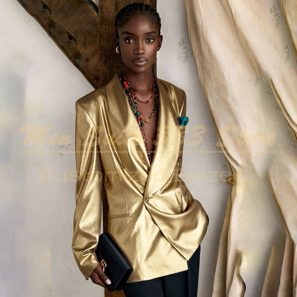High Quality Golden Women's Suits With Black Pants Sets Luxury Party 2 Piece Jacket Trousers Blazer Customized Female Clothing