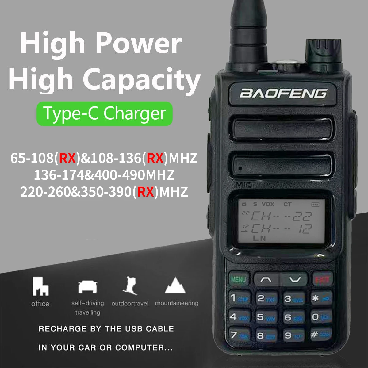 BAOFENG TH-15S 999 채널 5 와트 핸드헬드 워키토키, NOAA 트라이 밴드 양방향 라디오, C타입 및 AM 포함 