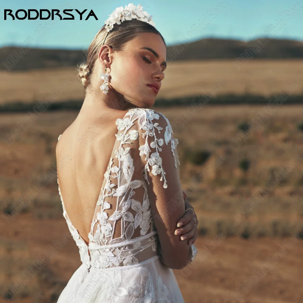 RODDRSYA Vintage Wedding Dresses Long Sleeves Applique Sexy Backless Bride Gowsn Side Split Boho A-Line vestidos de novia