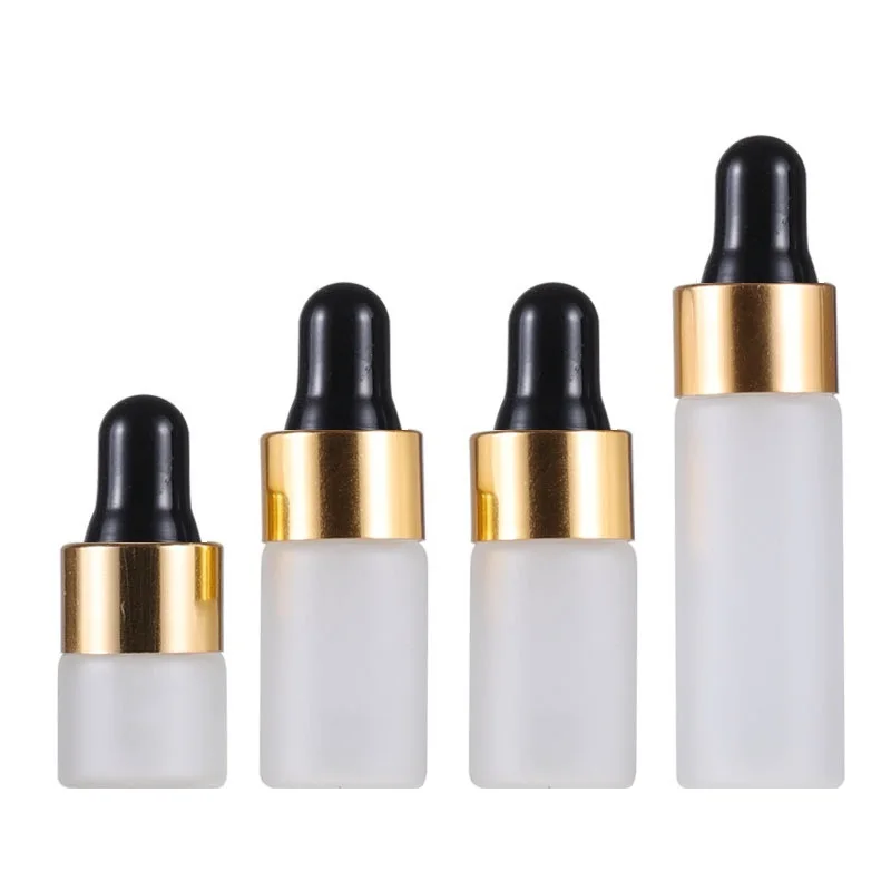 100Pcs Glass Dropper Bottle Frost Vials Cosmetic Refillable 1ML 2ML 3ML 5ML Shiny Gold Ring Black Top Rubber Top Pipette Bottles