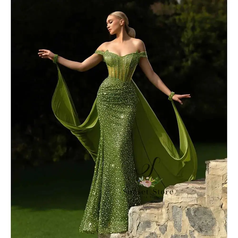 Customized  Green Evening Dresses Elegant Sequined Sleeveless Off the Shoulder Prom Dress Special Occasion Sweep Train Women Gow