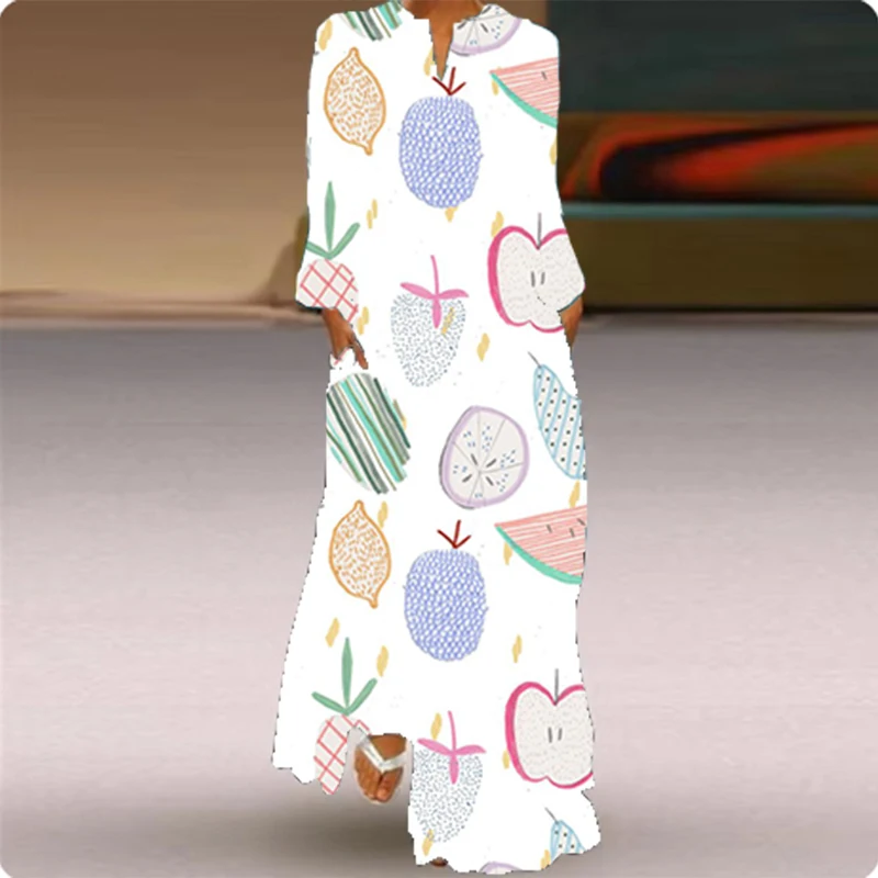 New elegant high-end women's dress featuring personalized fruit printed patterns and party style V-neck long sleeved pullover   