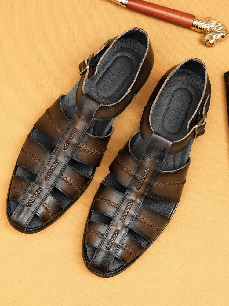 Summer Mens Vintage Glaidator Sandals New Handmade Weave Hollow Out Cowhide Genuine Leather Sandals Business Casual Work Shoes