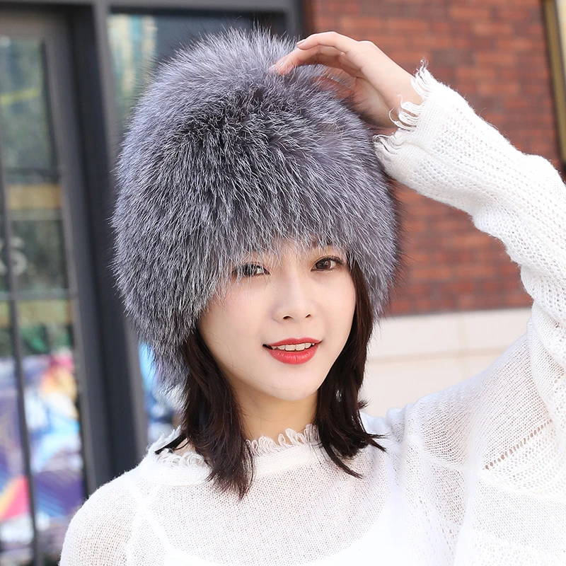 Real Fox Fur Hat Women Winter Luxury Knitted Fur Caps Russians Thicken Bomber Hats Natural Fox Fur Hats With Ear Protection