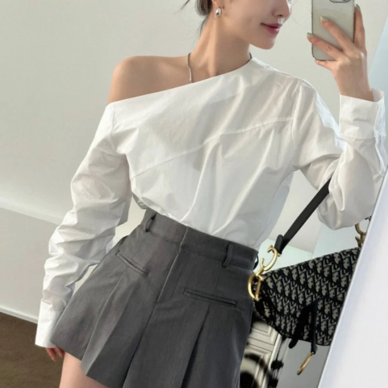 Fashion New White Women Blouse Sexy Off Shoulder Long Sleeve Shirt Office Lady Elegant Casual Cotton Tops