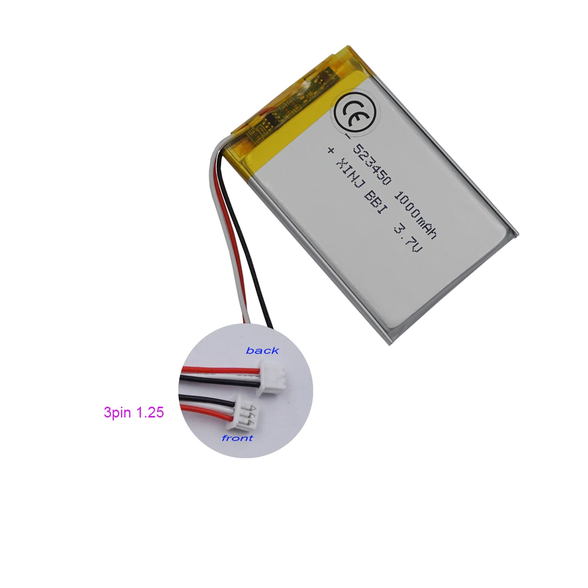 Bateria litowo-polimerowa 3,7 V 1000 mAh523450 Złącze JST 3pin 1.0/1.25/1.5/2.0/2.554mm do słuchawek Bluetooth z kamerą GPS PDA