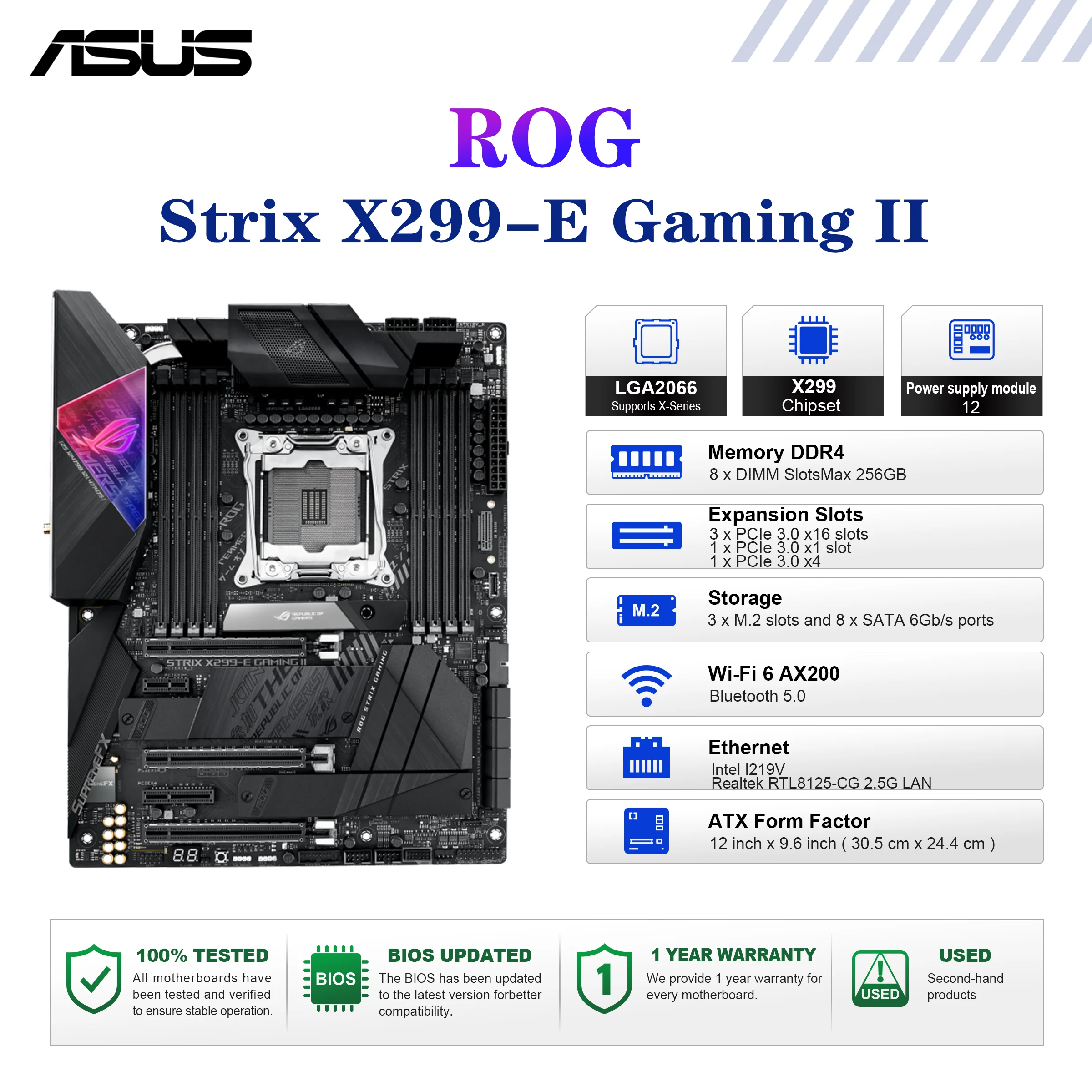 ASUS ROG STRIX X299-E GAMING II 마더보드 LGA2066 DDR4 X299 ATX 메인보드 코어 X CPU PCIe 3.0 M.2 WiFi 중고 테스트 완료
