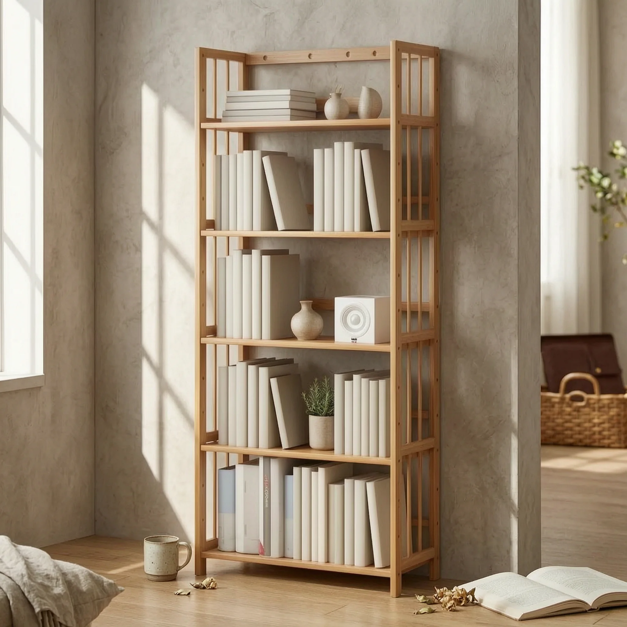 Bamboo Bookshelf Adjustable Slatted Bamboo Shelf unrestrictedFrame Bookshelf Assembled Wood Bookcase Freestanding