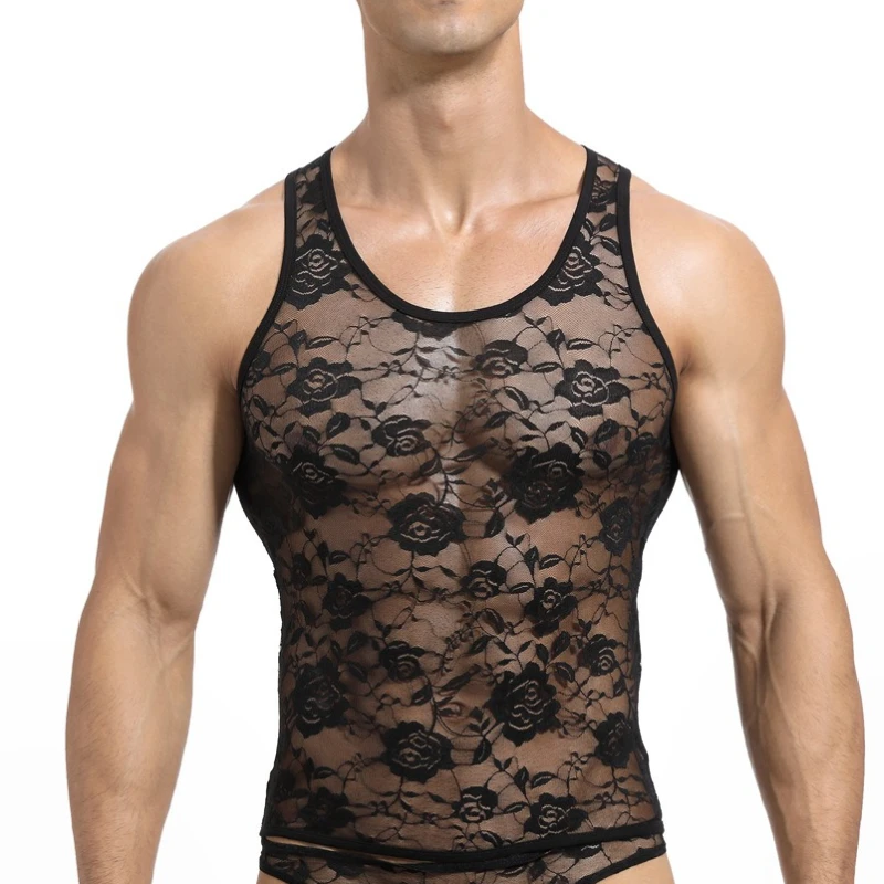 Mannen sexy gymspieren strakke hoge elastische mouwloze tops ronde hals sexy ademend vest doorzichtige tanktop erotisch kanten t-shirt