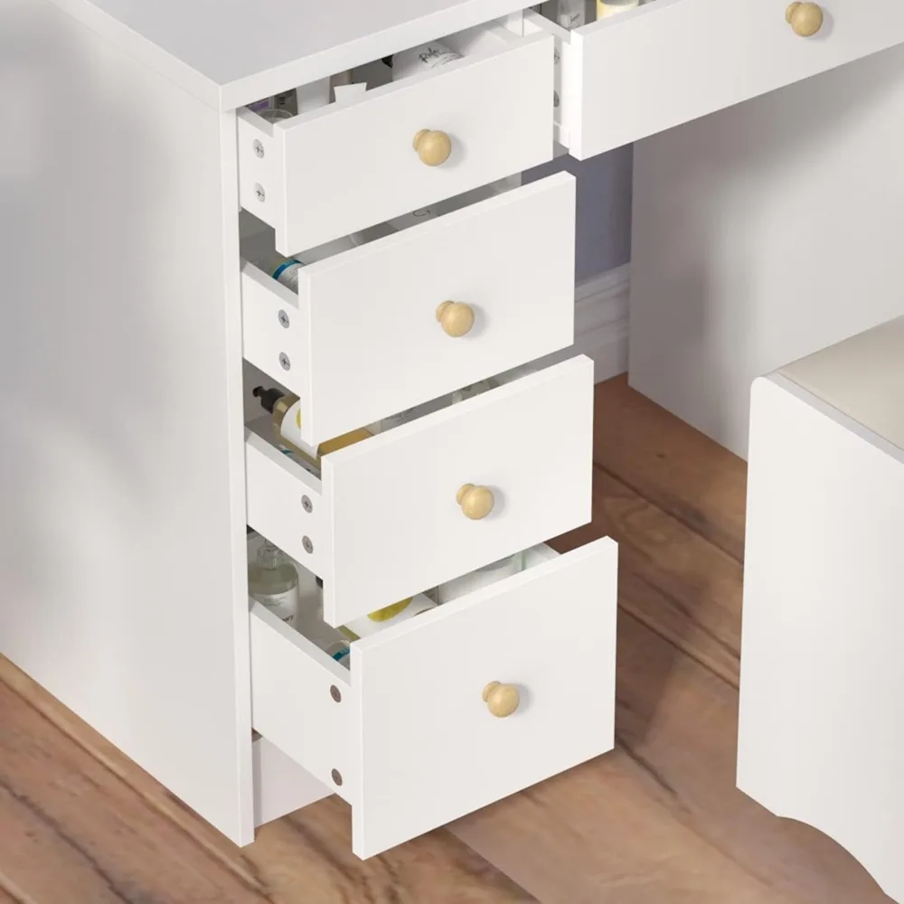 مجموعة مكياج ECACAD: مرآة كبيرة وطاولة تزيين مكونة من 5 أدراج مع أرفف تخزين ومقعد مبطن لغرفة النوم #6