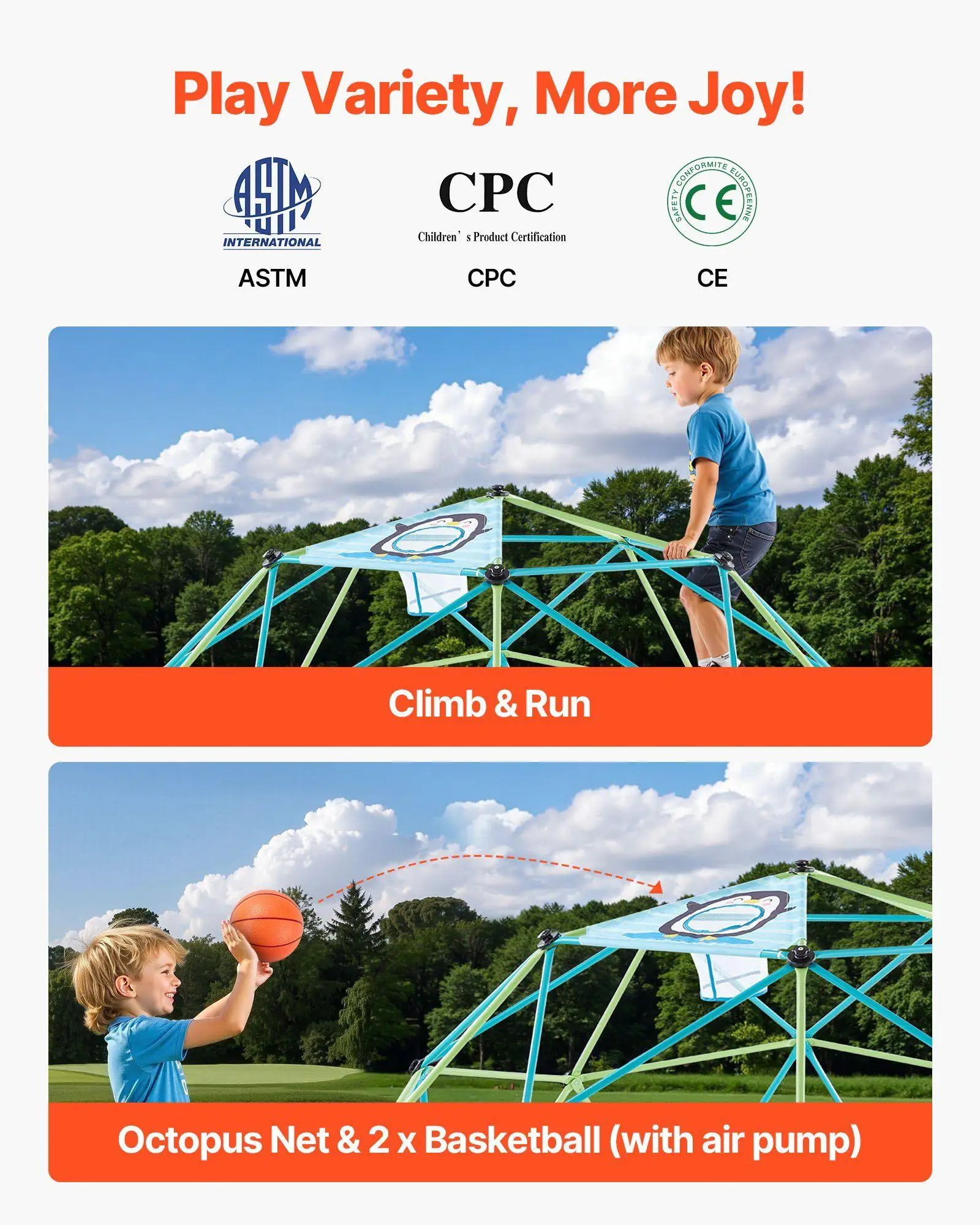 Cúpula de escalada durável de 10 pés, suporte de 1000 lb com rede de bola de polvo e 2 bolas incluídas, estrutura de playground segura para crianças