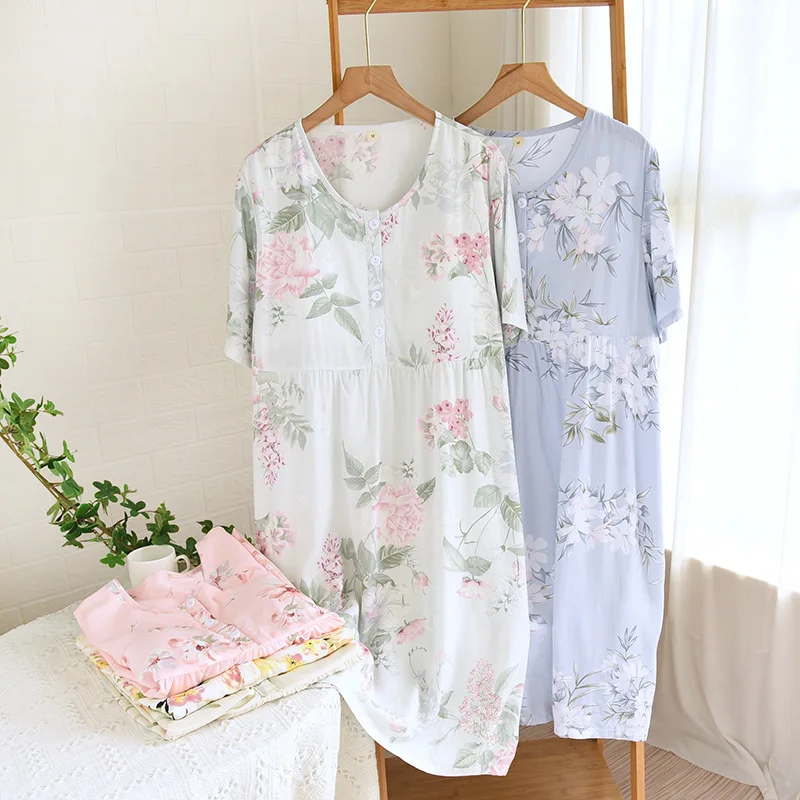 Summer Silk Sleep Dress with Chest Pad Loose Long Short Sleeve Home Clothes  Women's Underwear Comfortable Nightgown