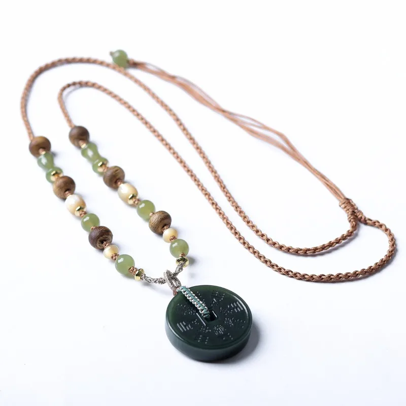 Natural Hetian Jade Mountain Ghost Coin Peace Buckle Necklace Hand Woven Green Agarwood Cord Gifts