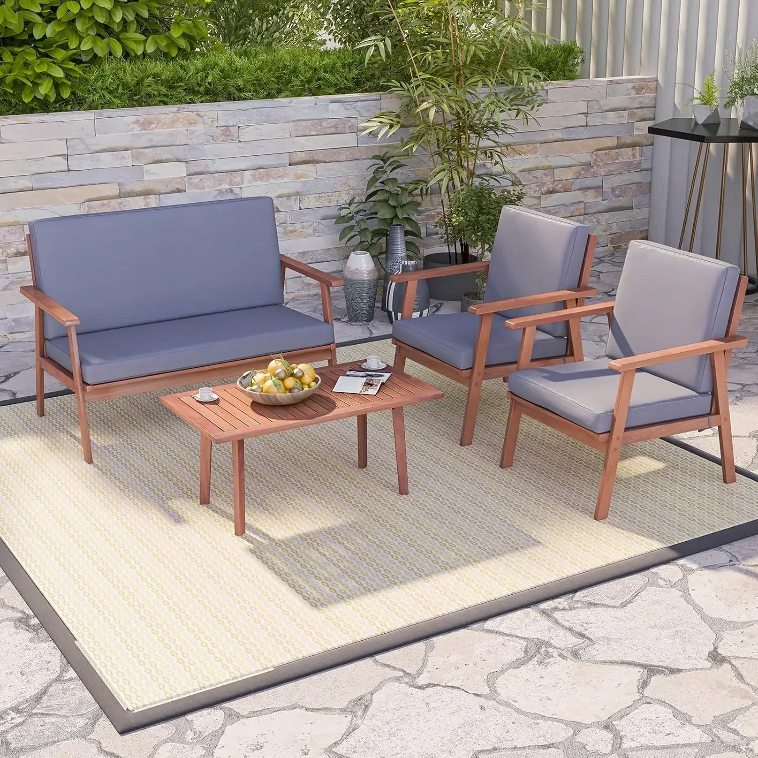 4 Piece Outdoor Conversation Set, Acacia Wood Sofa Set with Soft Seat ,Rectangle Coffee Table Patio Wood Furniture , Garden,Gray