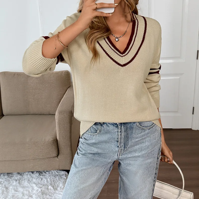 2026 Spliced Women Pullovers Jumpers Knitted Sweaters V Neck Color Blocked Long Sleeve Loose Office Lady Casual Autumn Winter