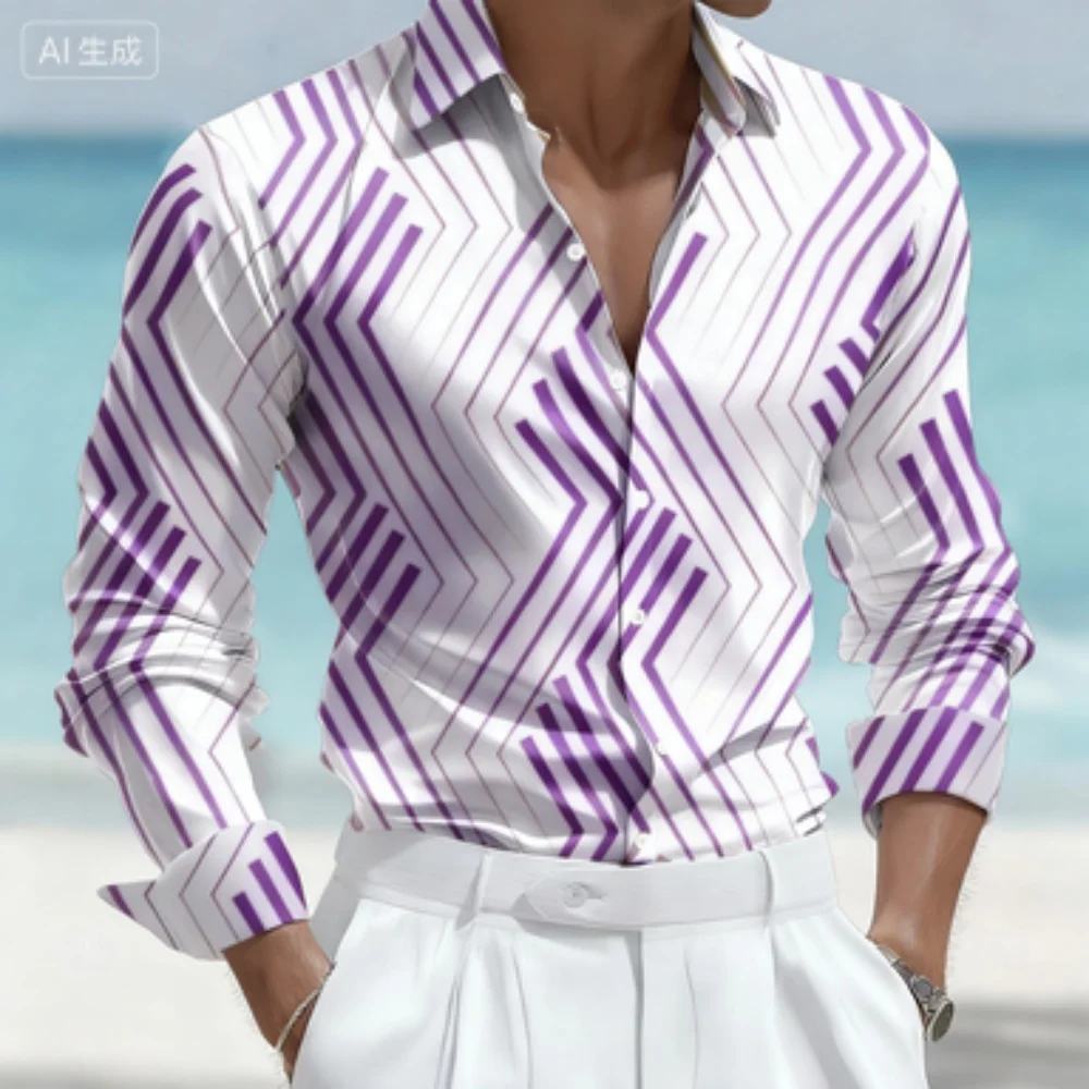 قميص رجالي مخطط هندسي بأكمام طويلة وطية صدر السترة كاجوال لقضاء عطلة شاطئ هاواي مصمم عصري قماش عالي الجودة