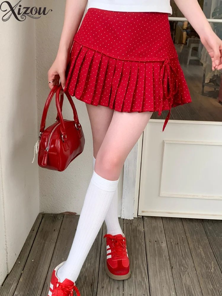 

2025 Summer Sweet Spicy Polka Dot Mini Skirt A-Line Belted High Waist Slim Pleated Bow Lace Up Loose Preppy College Short Women