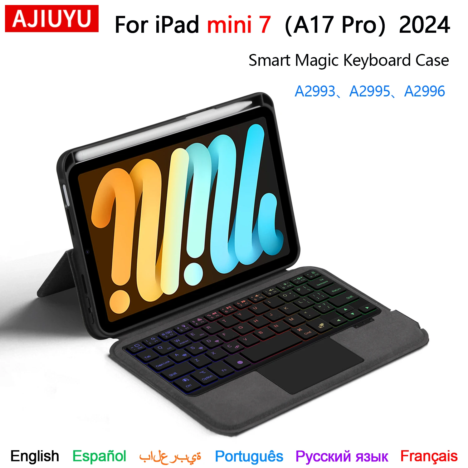 

AJIUYU Smart Magic Keyboard для iPad mini (A17 Pro) 2024 8,3 дюйма Mini 7 7-го поколения mini7 TouchPad Чехол с подсветкой клавиатуры