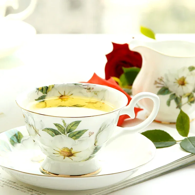 European Coffee Cup and Saucer Set of 6 Pcs, British Bone China, Afternoon Flower Tea Set, Teaware Household Porcelain Drinkware