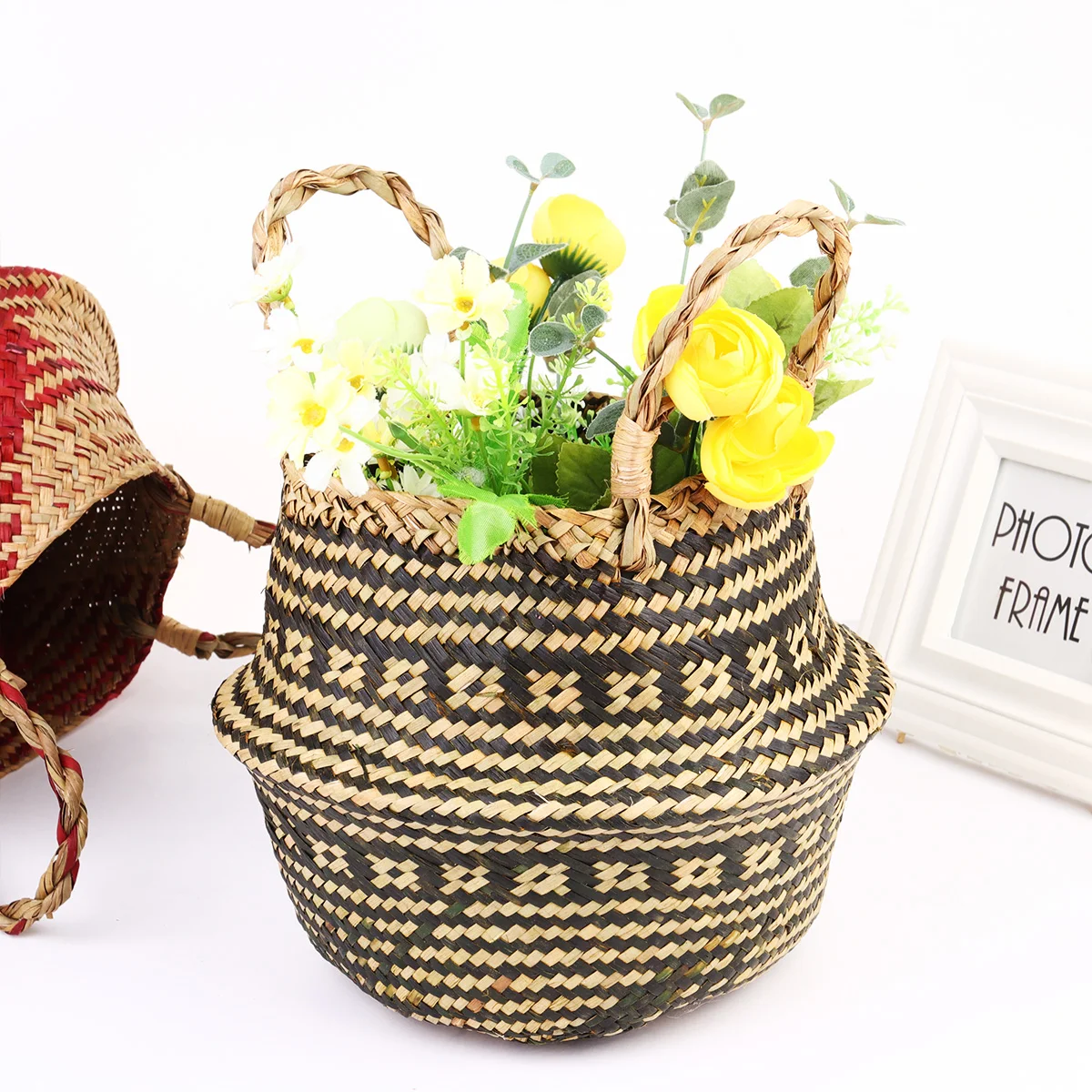 Double Handle Storage Bin Basket Straw Potted Gift Plant Wooden Linen Woven Practical