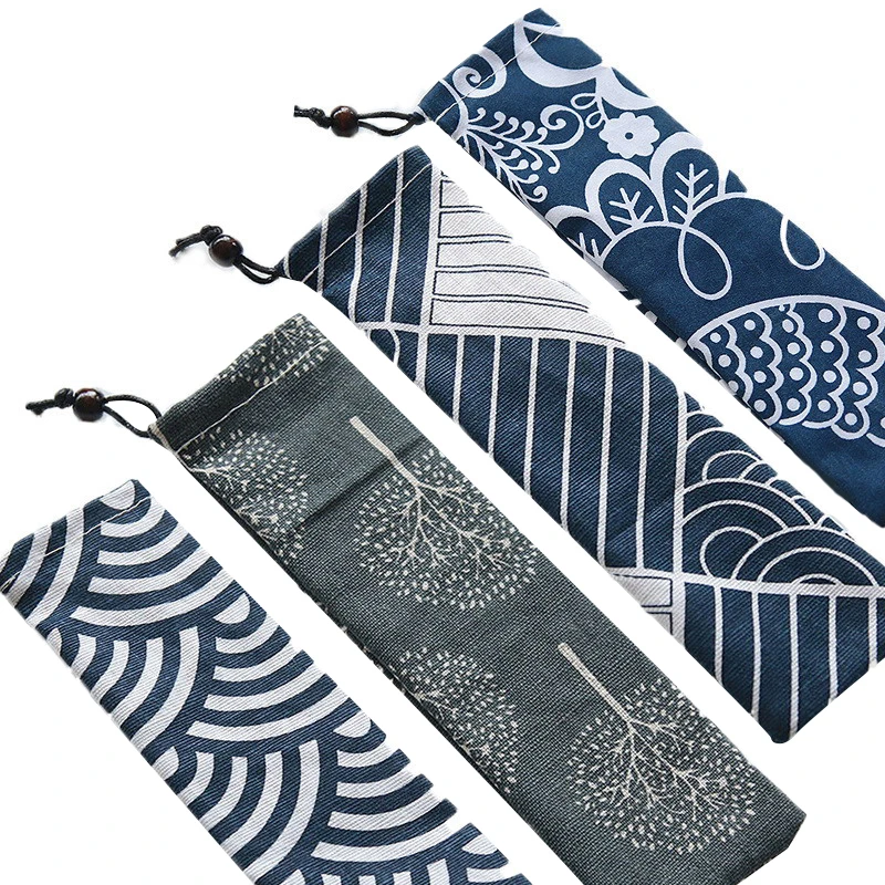 Bestecktasche im japanischen Stil, wiederverwendbare Reise-Beutel mit Kordelzug für Küchengeschirr, Gabel, Löffel, Essstäbchen aus Bambus, Reinigungsbürste