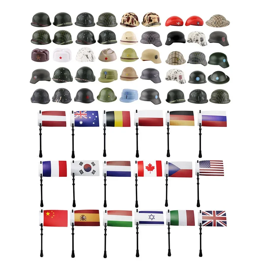 

WW2 Military Printed Helmet and National Flag Building Blocks WWII Landforce Army Helmets Camo MOC Soldiers Helmets Brick