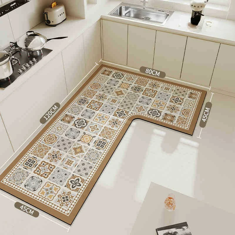 Luxury L-shaped Kitchen Mat Anti Slip Vintage Household Water Absorbent Floor Carpet