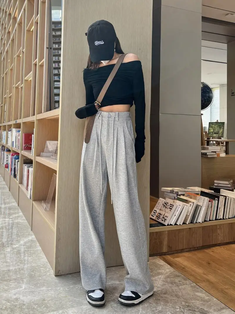 Sports Pants Women\'s Spring/summer High Waist Wide Leg Pants 2023 New Straight Tube Floor Towers Drawstring Grey Sports Pants