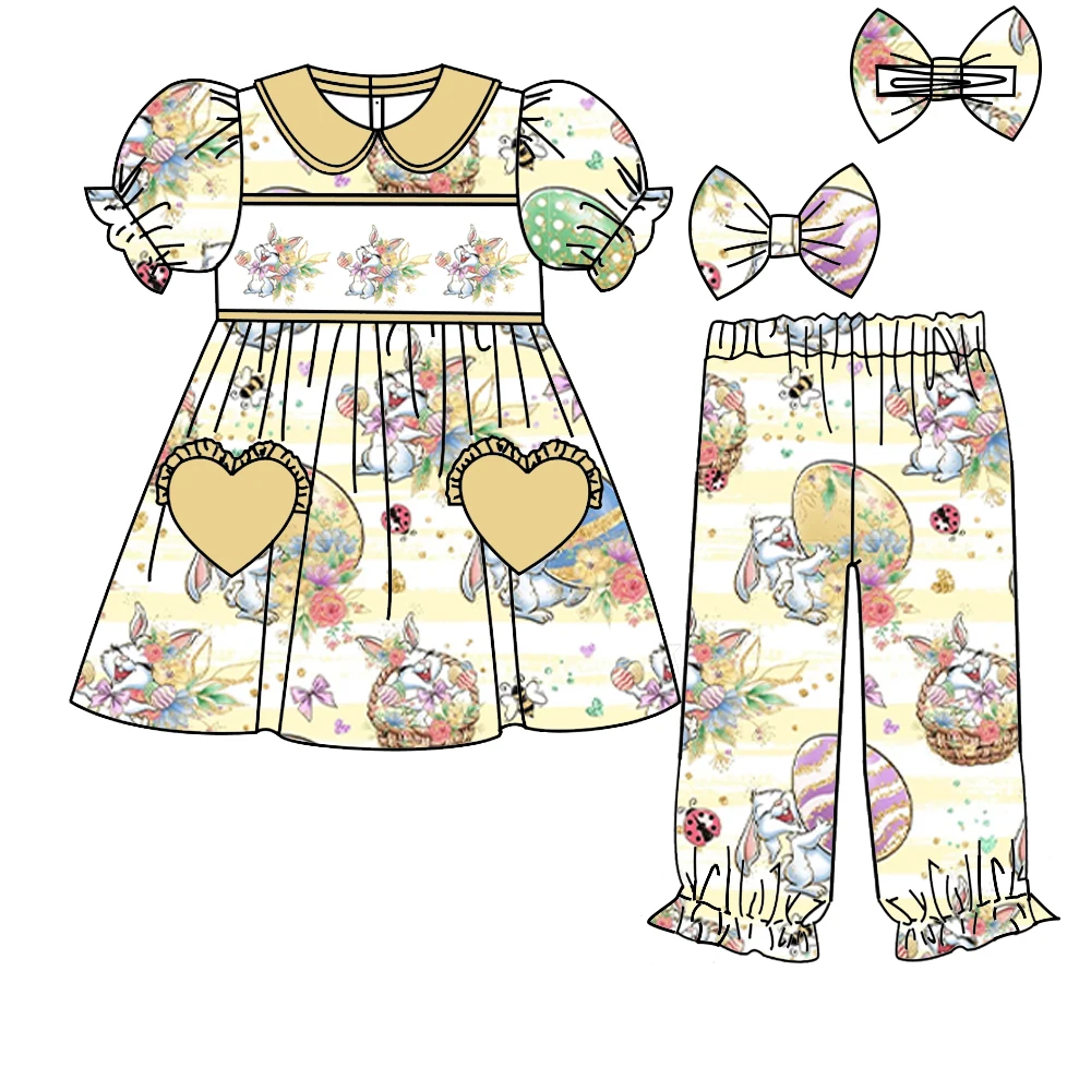 New Hot Sale Easter Kids Set Short Sleeve Elastic Rabbit Print Trousers Elastic Shorts Bow Girls Boy Button Pajamas Set Robe