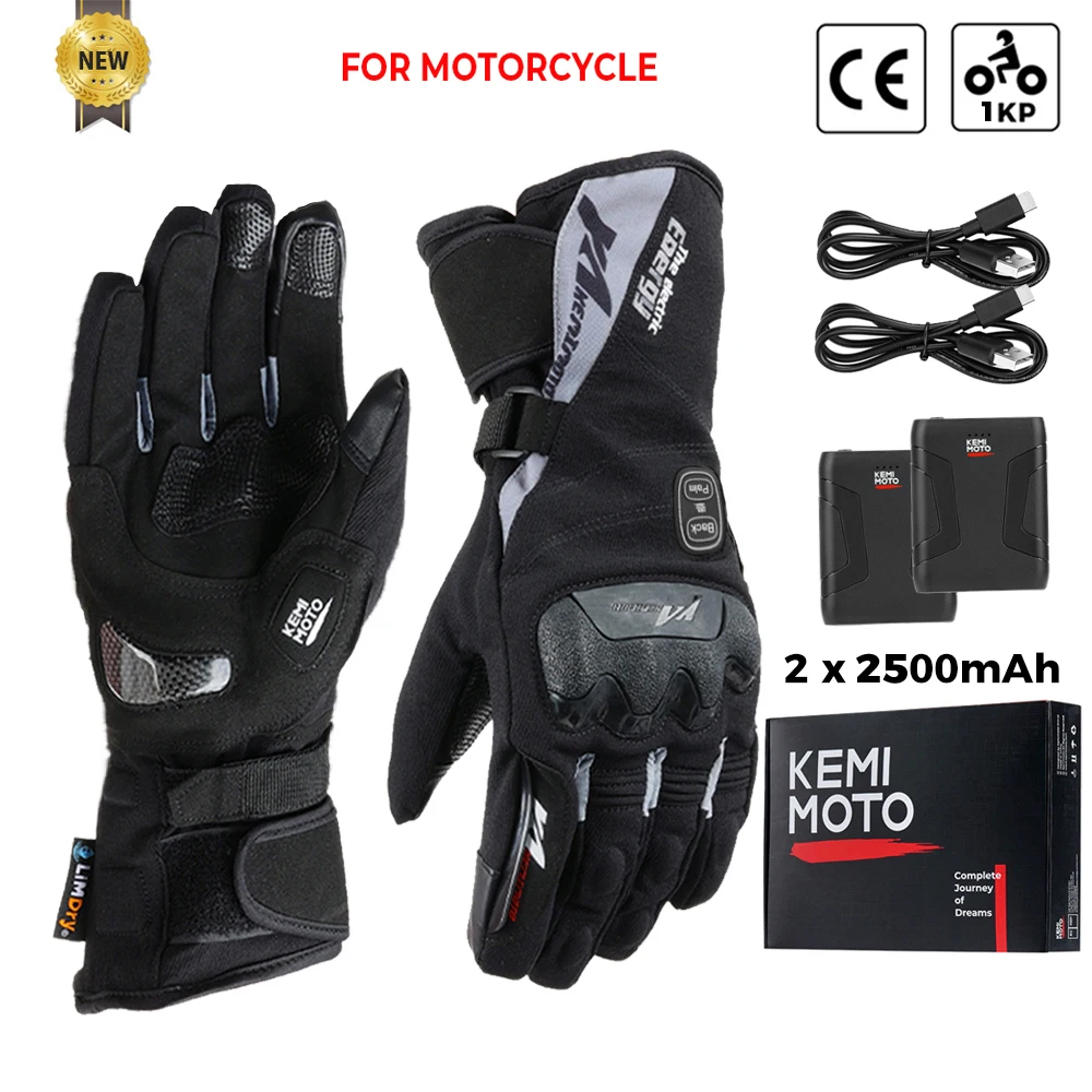 KEMIMOTO Verwarmde motorhandschoenen voor de winter, warme, waterdichte, oplaadbare thermische handschoenen voor sneeuwscooters.
