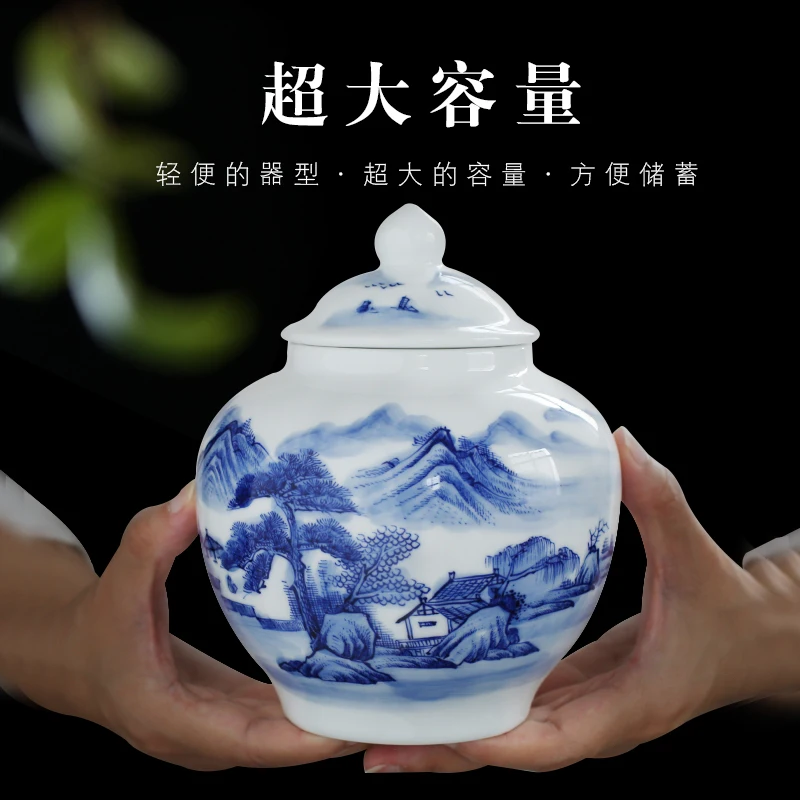 

Hand-Painted Landscape Tea Jar Ceramic Large Moisture-Proof Sealed Blue and White Porcelain Pu'er Waking up Tea Jar Storage Jar