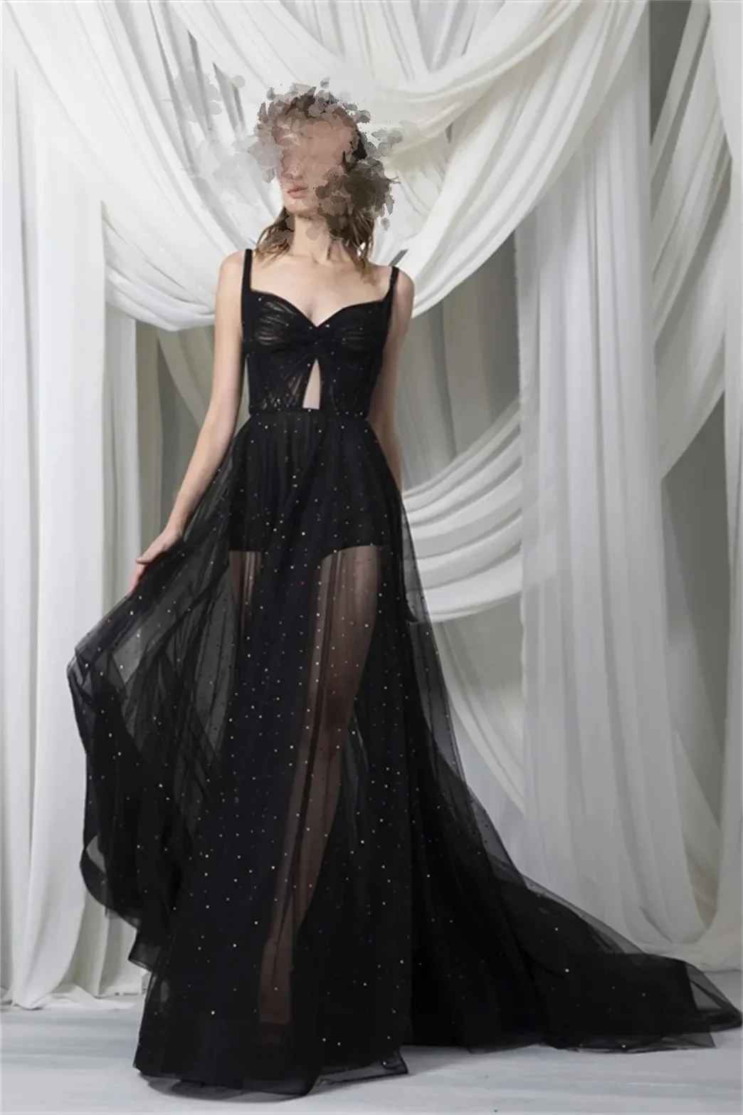 

Customized Sexy Black Lace Tulle See-Through Dresses V-Neck Backless Evening Gowns Formal Party Prom Dresses 2025