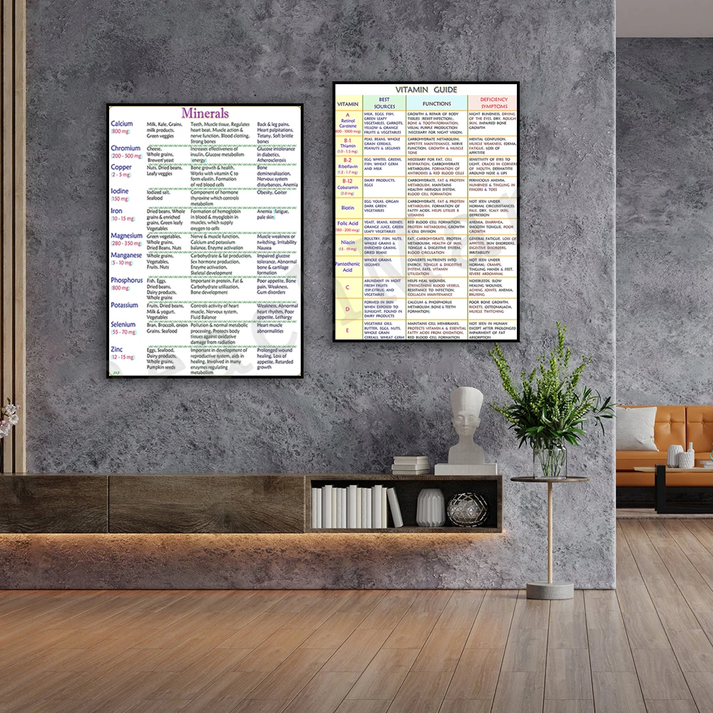 

Guide, information on important minerals for health and well-being, healthy vitamins guide decorative canvas typographic poster