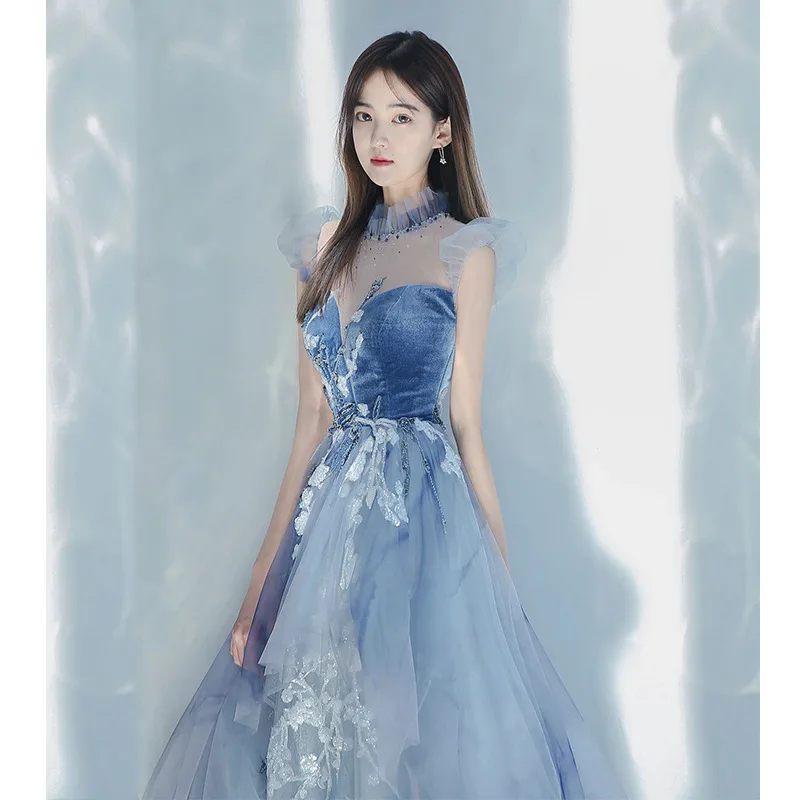 Vestido de quinceañera de tul de terciopelo azul, bordado con cremallera, línea A, vestidos de regreso a casa, vestido de noche elegante de moda