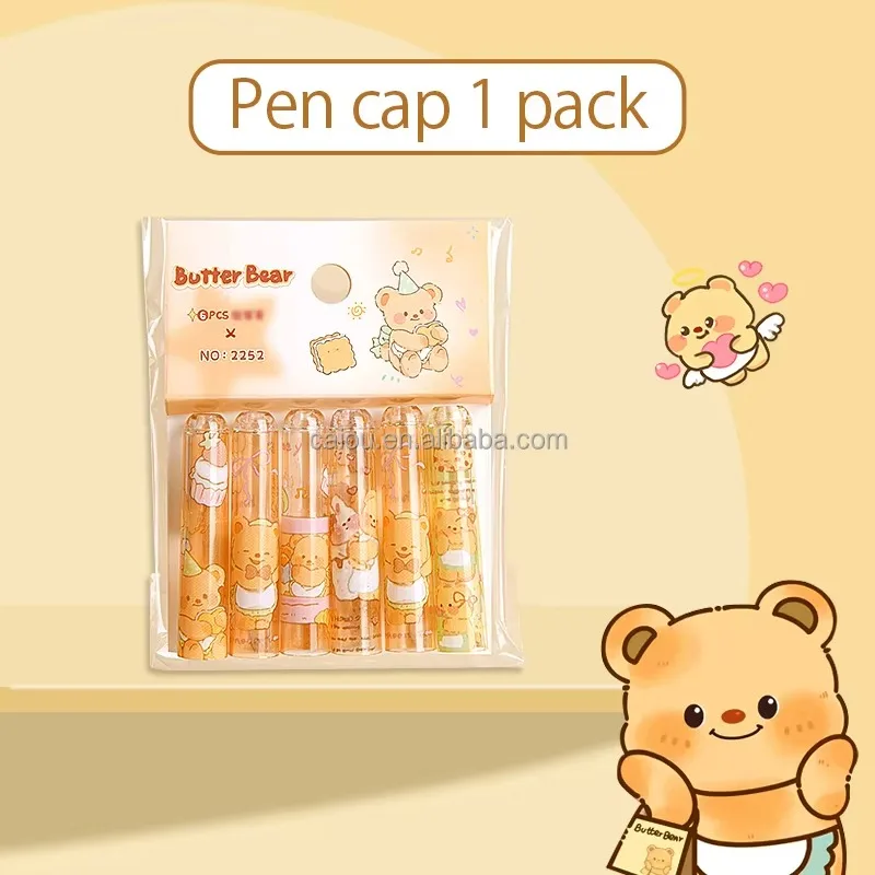 6 Pcs Butter Bear Plastic Pencil Caps, Cartoon Design Pencil Puller & Extender, Pencil Sleeve & Nib Protector for School & Offic