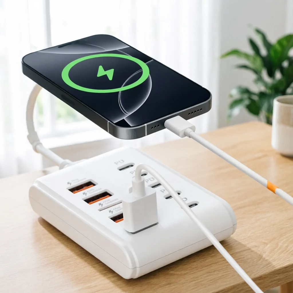 Multi-Ports USB Charger Type C Fast Charging Mobile Phone Power Socket Desktop Quick Charge Adapter with 1m Extension Cable Cord