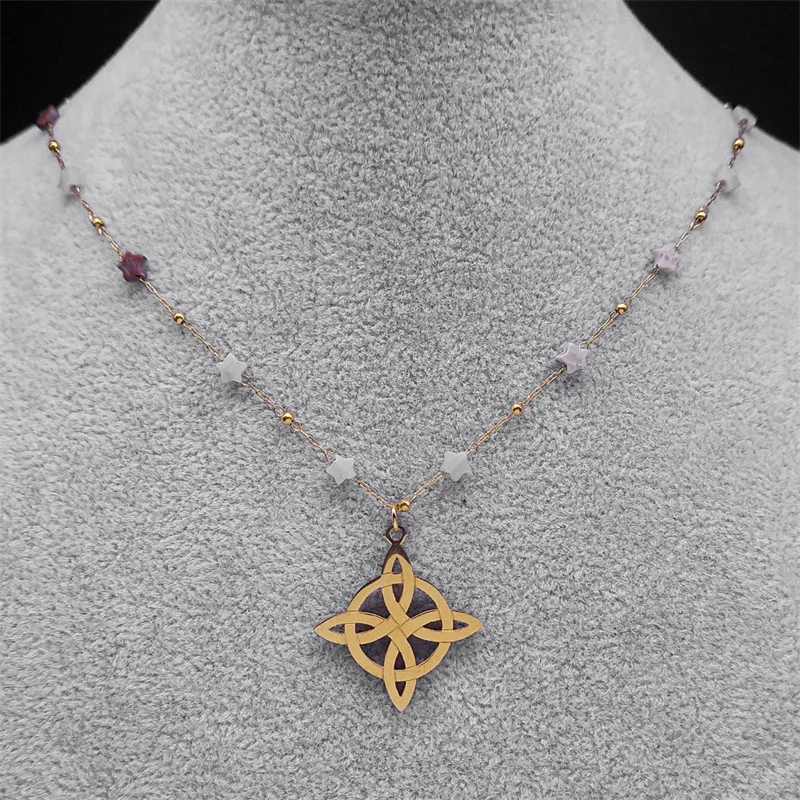Vintage Witch Celtic Knot Stainless Steel Pendant Necklace for Women Natural Stone Star Chain Handmade Necklaces Jewelry N1724