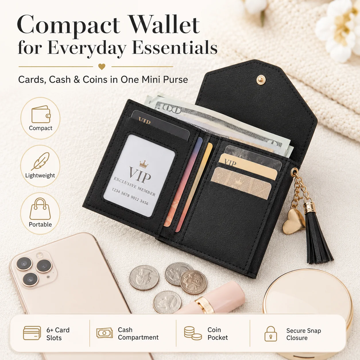Portefeuille Pochette Noir pour Femme, Mini Porte-Monnaie Portable Léger avec Fermeture à Bouton Doré et Détail Pompon, Organisateur de Cartes et d'Argent, Idéal Cadeau
