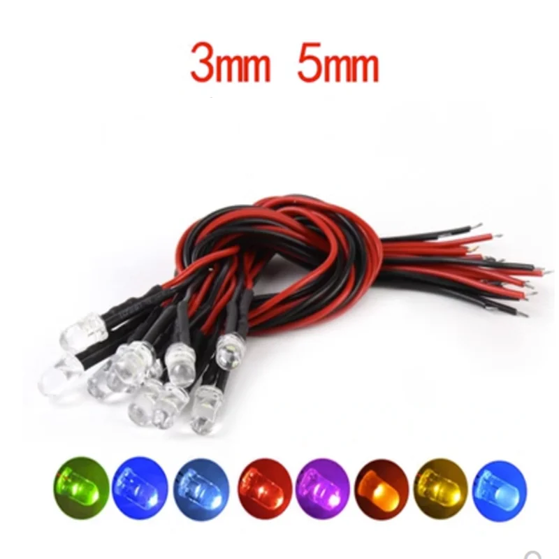 50pcs 3mm/5mm LED 12V 20cm Prewired White Red Green Blue Yellow Diode Lighting LED DIY Toys