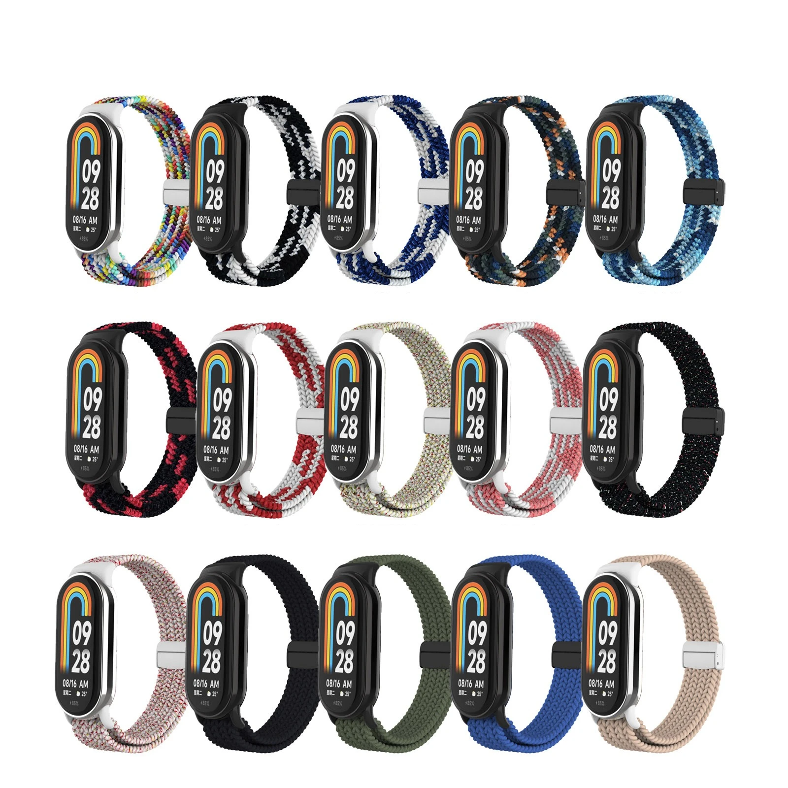 حزام مضفر من النايلون المغناطيسي مع إبزيم بلاستيكي مناسب لـ Xiaomi Miband 8/9/10 حزام نايلون مرن منسوج مغناطيسيًا