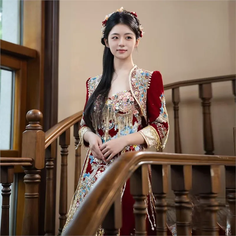 Heavy industry luxury velvet Chinese-style contrasting color wedding dress and toasting costume