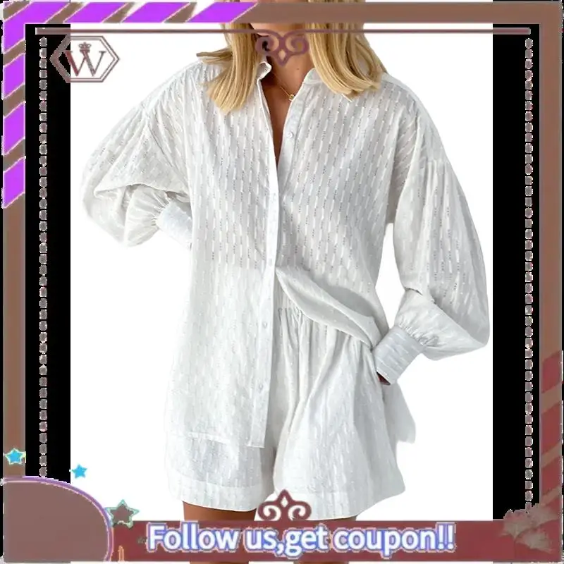 

A95D-женская одежда из двух предметов, блузка большого размера с длинными пышными рукавами, рубашка, шорты с высокой талией и боковыми карманами, комплект