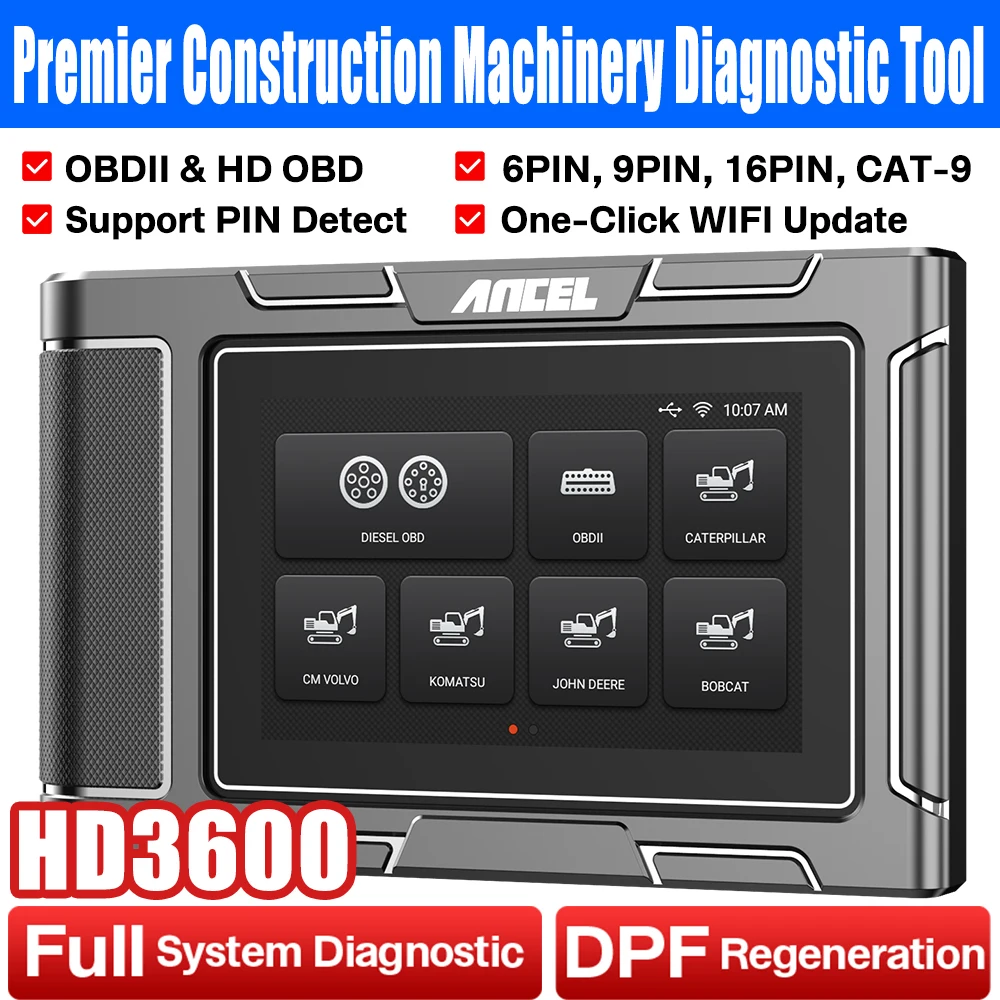 

Ancel Heavy Duty Truck OBD Scanner D.PF Reset All System Scan Truck Diagnostic Tool for Caterpillar/Deere/Volvo /Komatsu