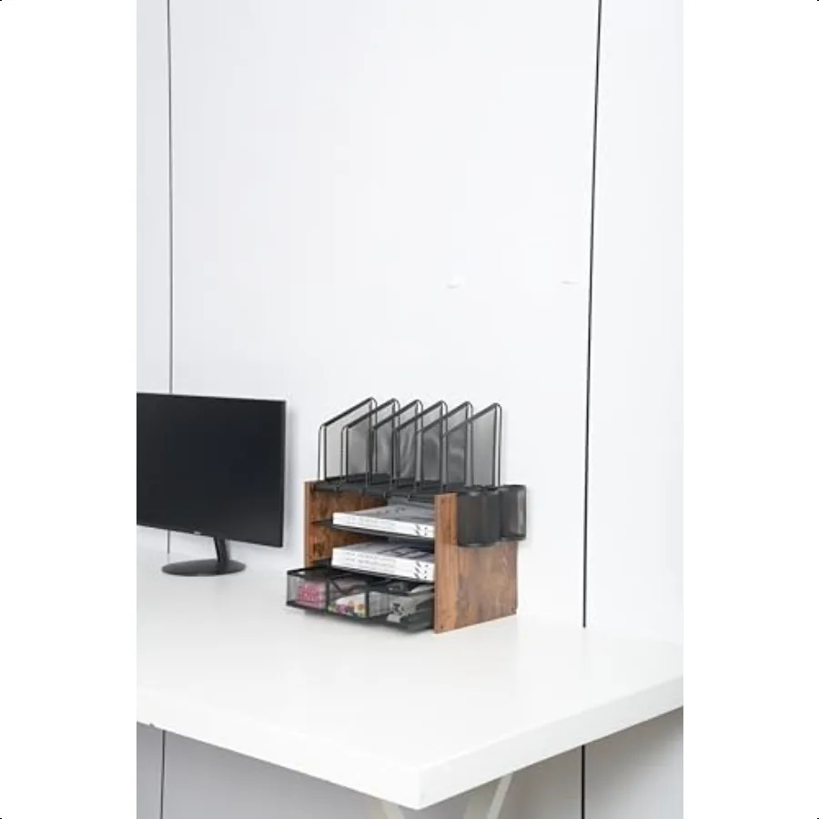 4-уровневый сетчатый настольный органайзер с деревянными держателями для файлов, 5 вертикальными отделениями, 2 отделения для ручек и ящиком для настольного хранения для