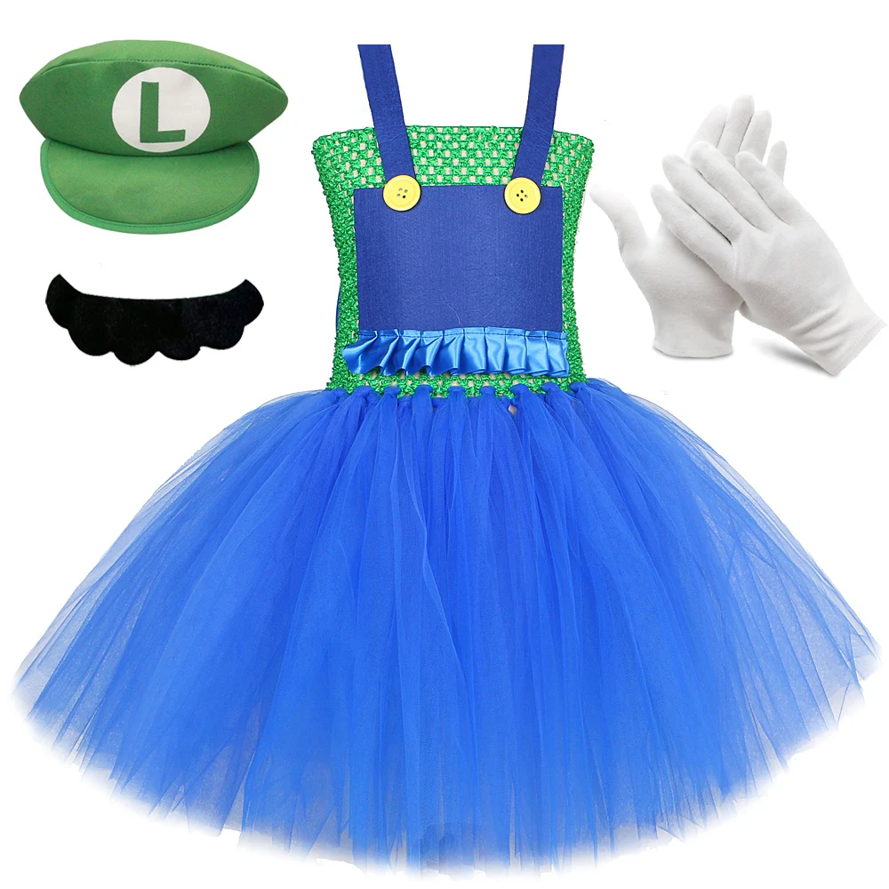 Super Bros Costumes for Girls Birthday Halloween Outft for Kids Cartoon Character Tutu Dress with Hat Beard Anime Game Clothes