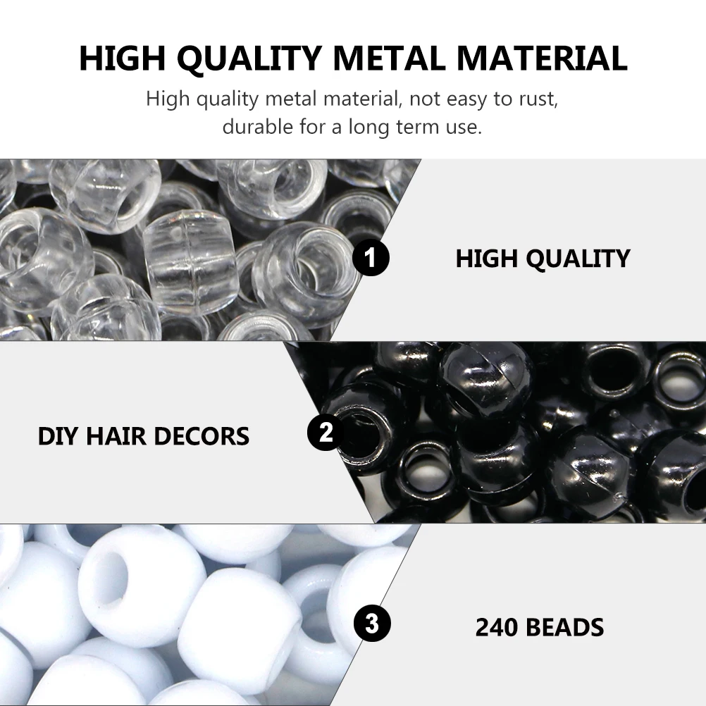 

240pcs Hair Beads Braiding Accessories Black White Transparent Round Ring for DIY Dreadlocks Hair Decorations