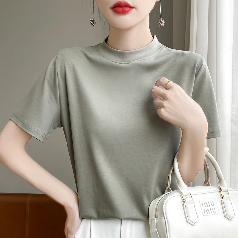 High Quality Silk Cotton T-shirt Women's Short Sleeved 2024 New Item 100% Cotton Loose Fitting Inner Outer Round Neck Base Shirt