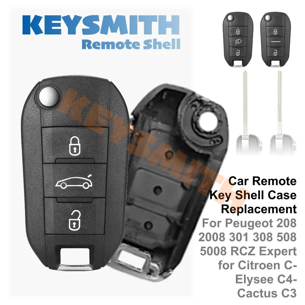 KEYSMITH Replacement 3-Button Flip Key Remote Fob Shell Case for Peugeot 208 308 508 2008 & Citroen C3 C4 Cactus C-Elysee