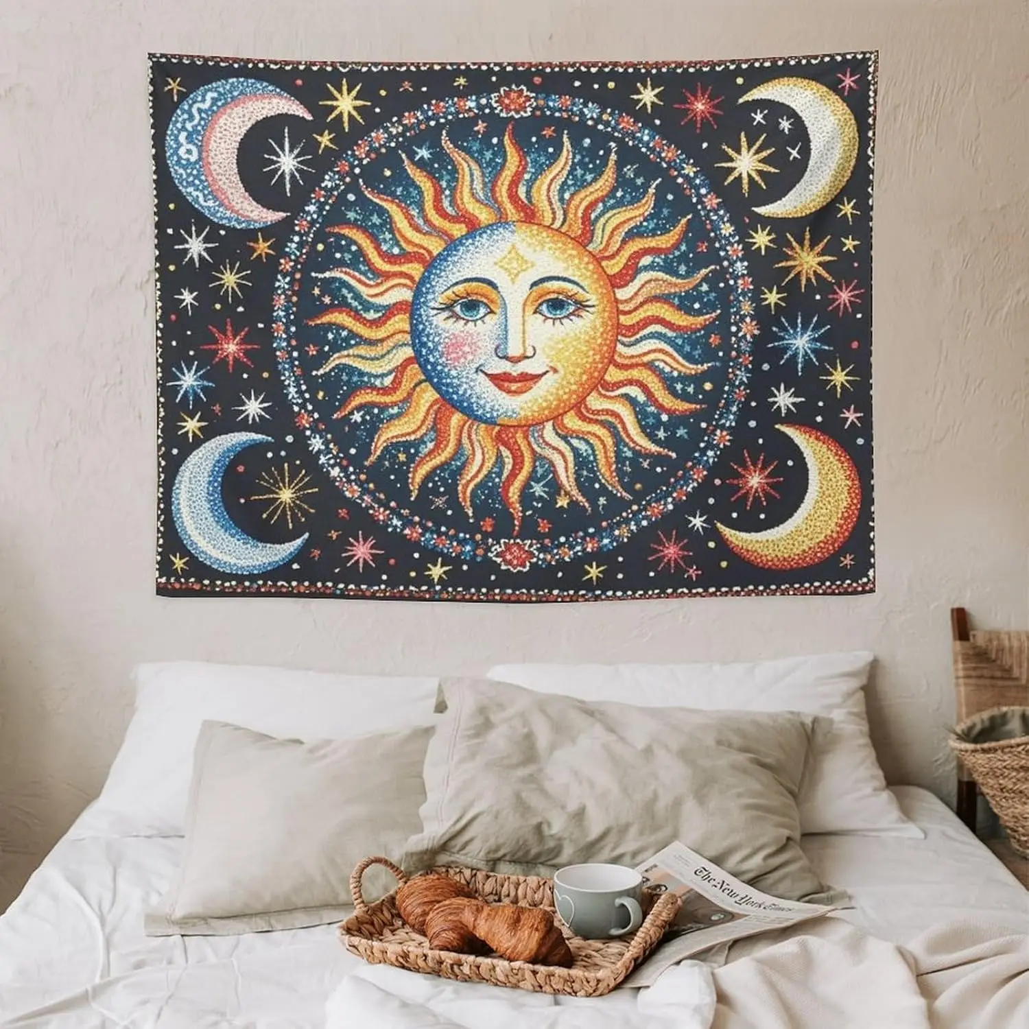 ​Sun And Moon Tapestry Wall Hanging Bohemian Decor with Florals, Galaxy Universe Hippie Aesthetic for Bedroom Living Room​